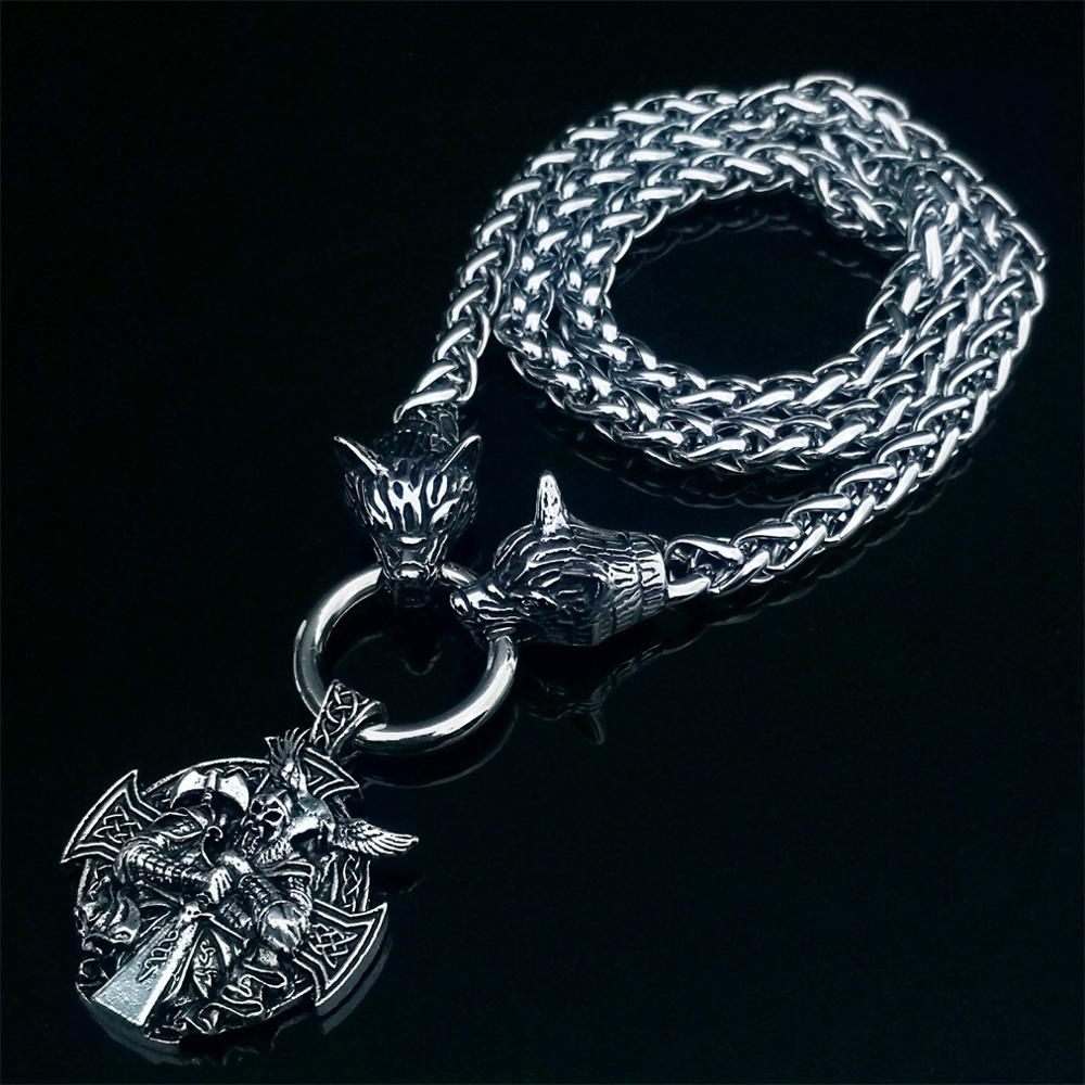Nordic Viking men's stainless steel necklace wolf head chain