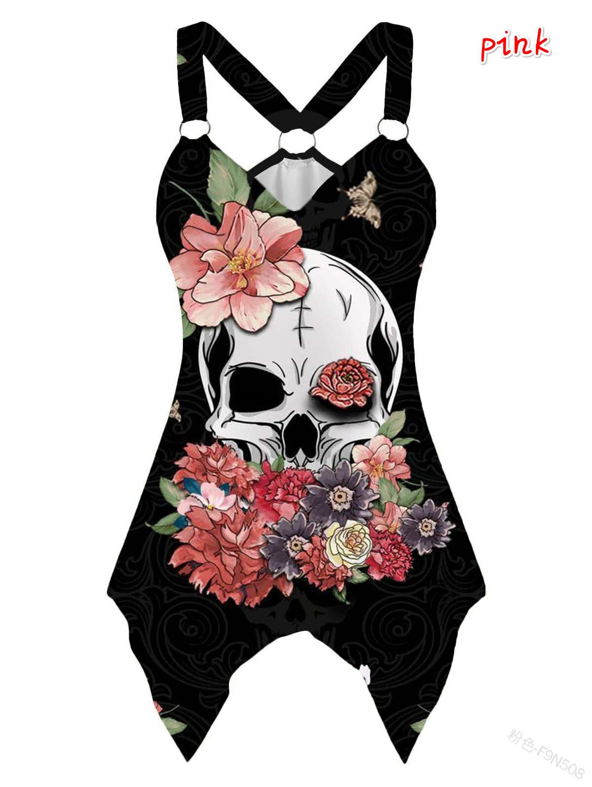 Gothic Tshirt Skull Print Tops Shirt with Narrow Straps Women Irregular V-neck Plus Size