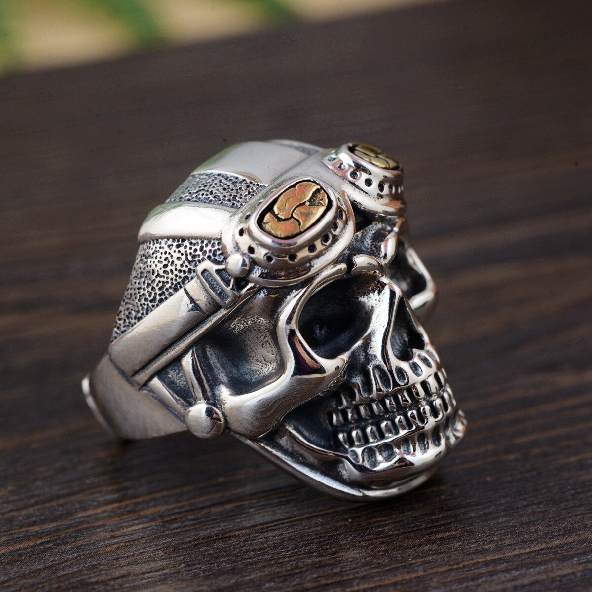 Personalized Biker Rings For Men Genuine 925 Sterling Silver Skull Head With Pilot Glass