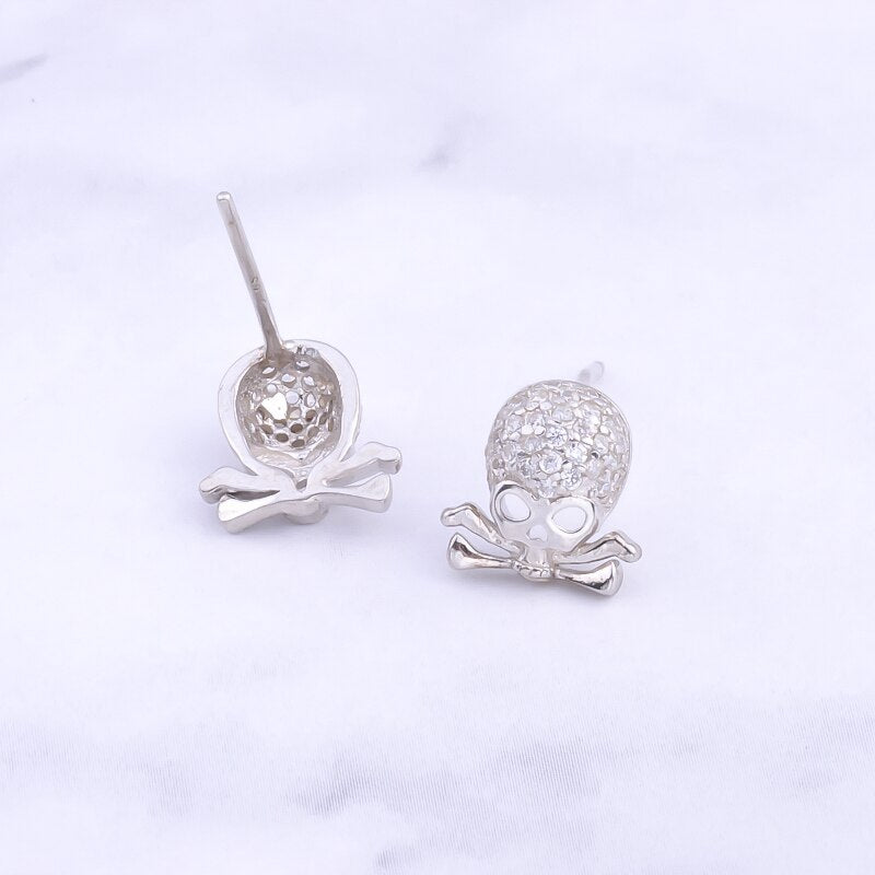 Real 925 Sterling Silver Zircon Skull Head Bone Stud Earring