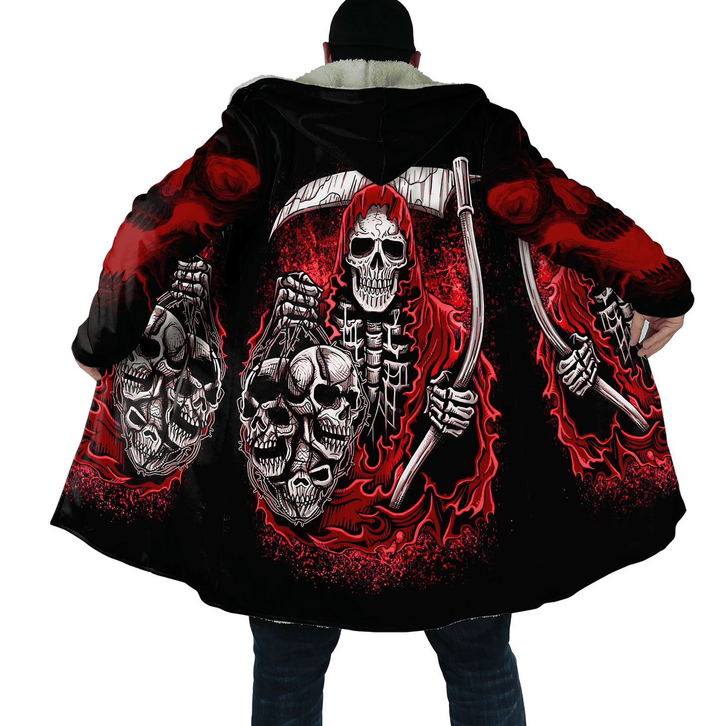 Winter Mens Cloak Fire Reaper Skull Tattoo 3D full Printing Fleece Hooded cloak Coat Unisex Casual Thick Warm Cape coat