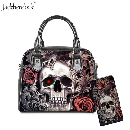 Woman Luxyry Handbag Sugar Rose Flower Skull Printing Gothic Bag