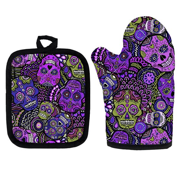 Set of 2 Microwave Oven Gloves Sugar Skull Pattern Oven Mitts for Cooking Home BBQ Baking Party Gloves