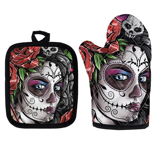 Skull Day of the Dead Gothic Style Kitchen Cooking Microwave Oven Gloves Mitts