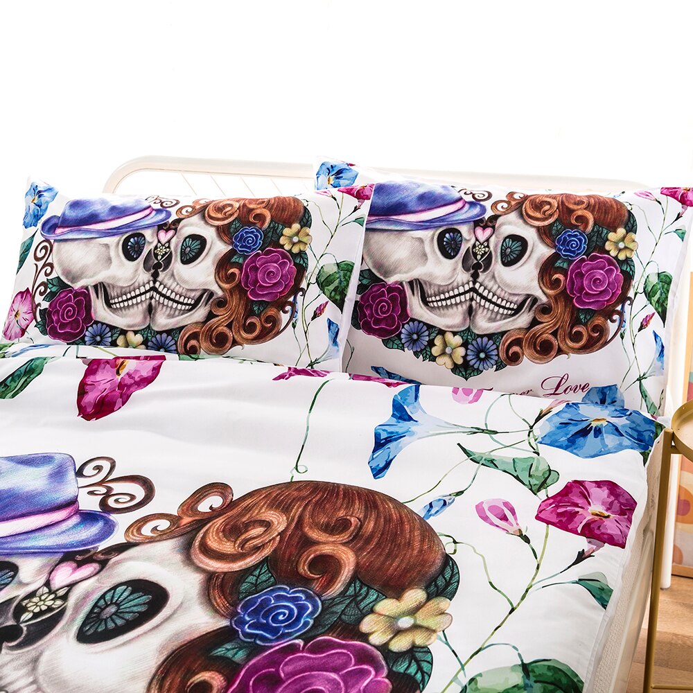 Sugar skull Bedding Sets Kiss skull Duvet Cover Bed Set Print 3d Flowers