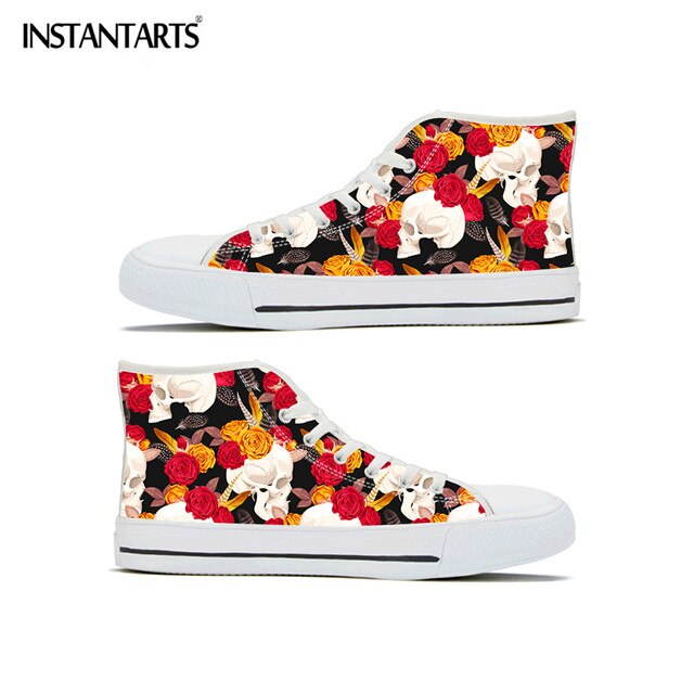 Skull with Rose Printing Flats Shoes High Top Lace Up Canvas Shoes