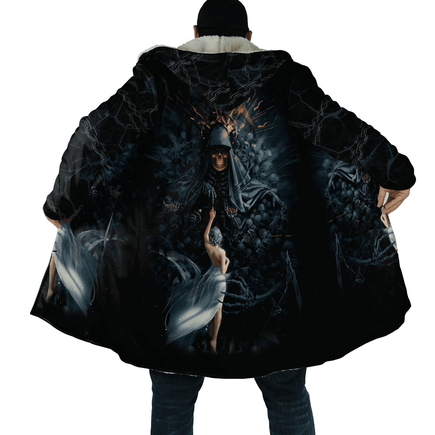 Winter Mens Cloak Fire Reaper Skull Tattoo 3D full Printing Fleece Hooded cloak Coat Unisex Casual Thick Warm Cape coat