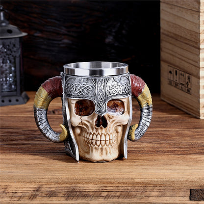 Double Stainless Steel Skull Beer Mug Vikings Pirate Tankard Water Cup
