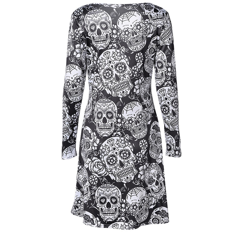 Skull Print Dress Robe Femme Long Sleeve Casual Dress