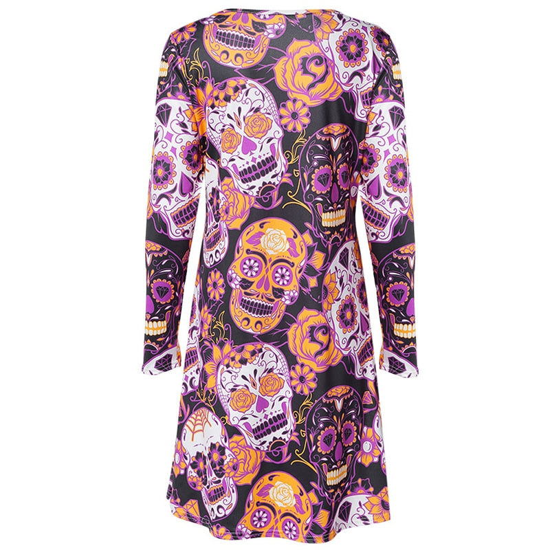 Skull Print Dress Robe Femme Long Sleeve Casual Dress