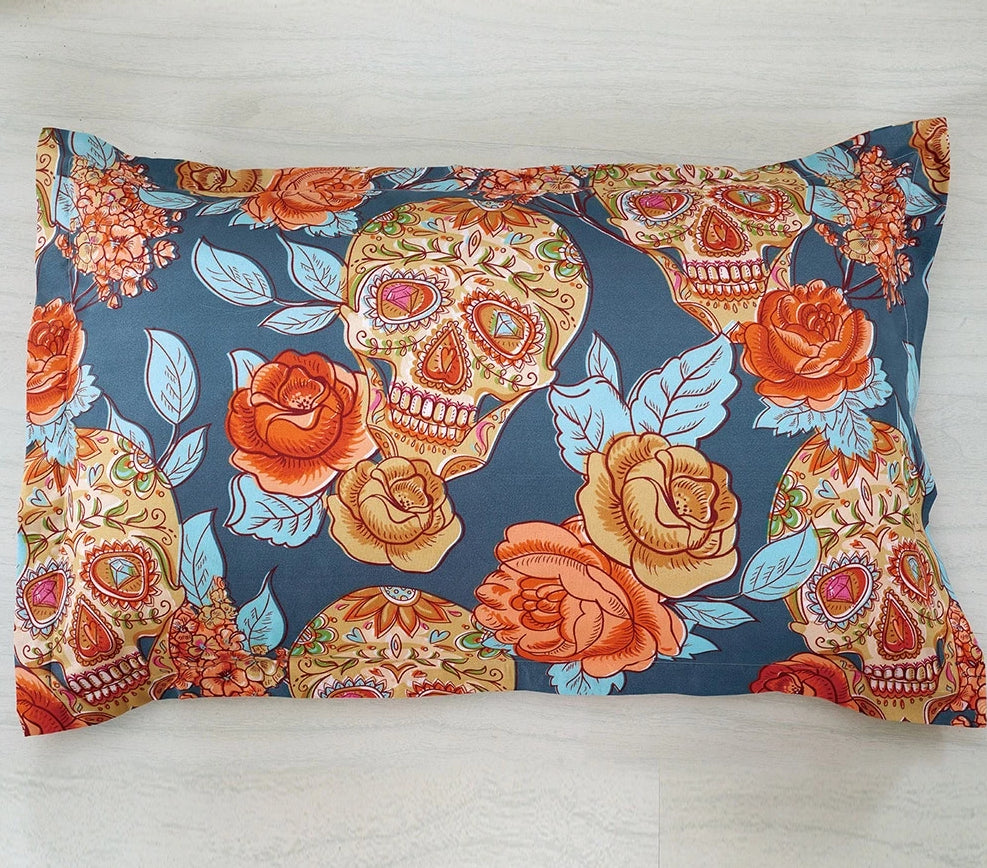 Sugar Skull with Flowers Duvet Cover Golden Bedding Set