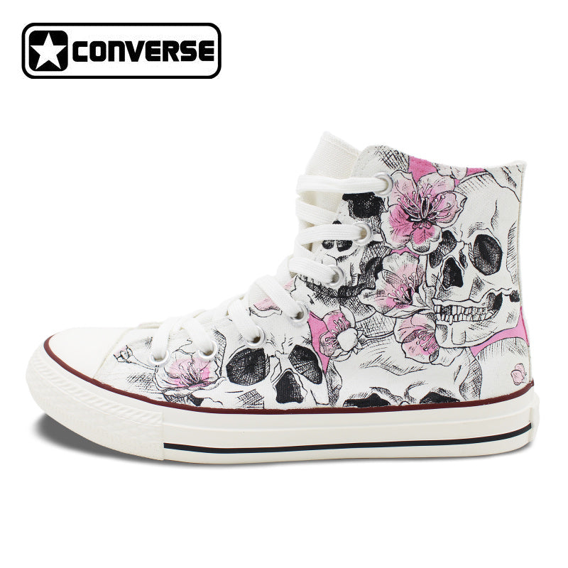 Hand Painted Skull Flower Converse Chucks Men Women Skateboarding Shoes Floral Canvas Sneakers High Top Flats