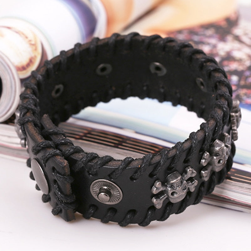 Black Brown Leather Metal Pirate Skull Charms Button Lock Wrap Unisex Bracelets 2 size