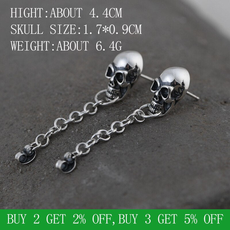 Original Real 925 Sterling Silver Skull Stud Earrings