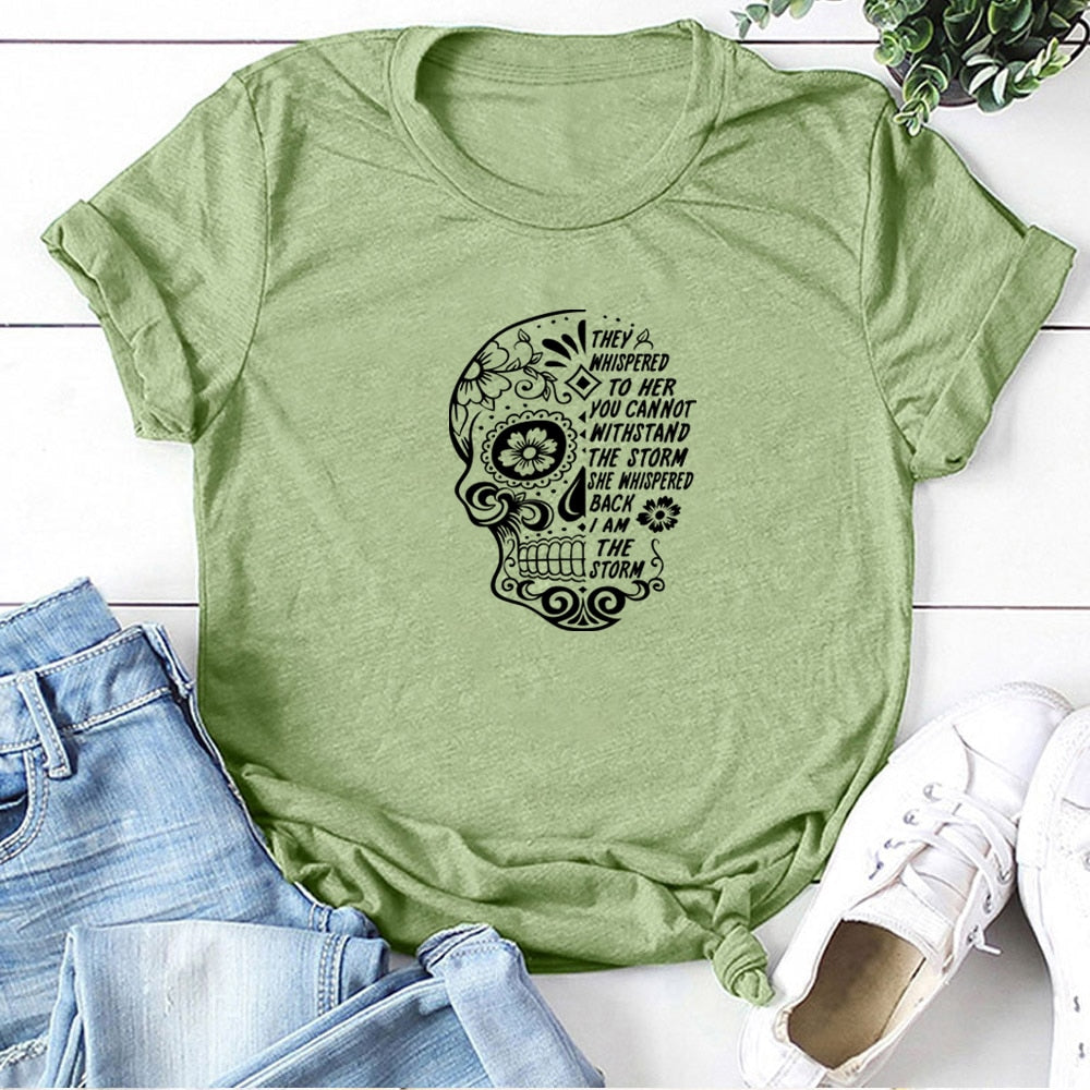 Skull Flowers They Whispered To Her Printing T-shirts Women Summer Clothes