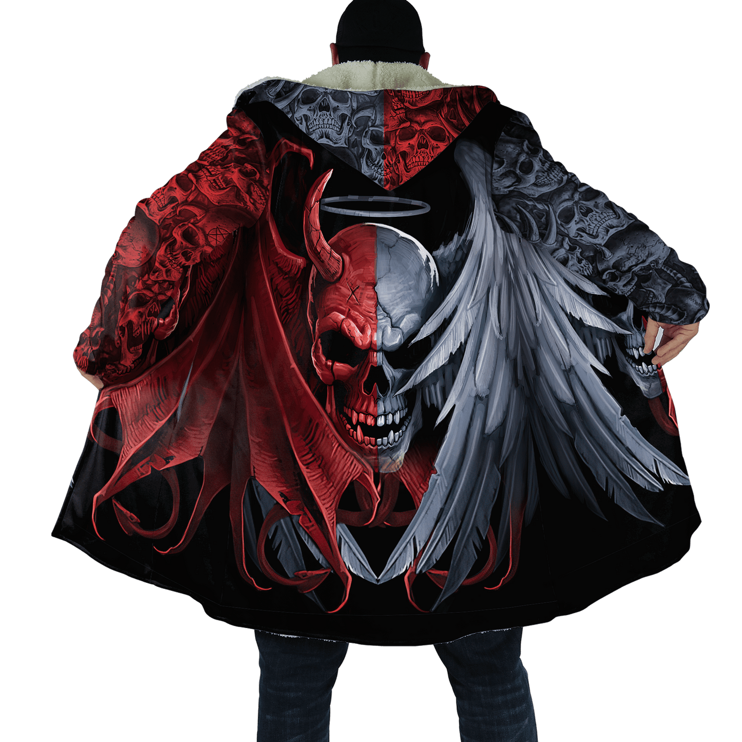 Winter Mens Cloak Gothic Reaper Skull Tattoo Fleece Hooded Cloak Coat Unisex Casual Thick Warm Cape coat, Halloween cloak coat