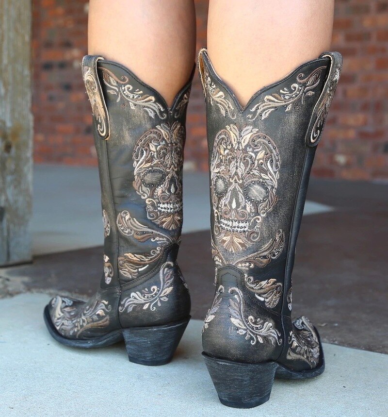 Women boots skull shoes woman autumn vintage embroidery shoe