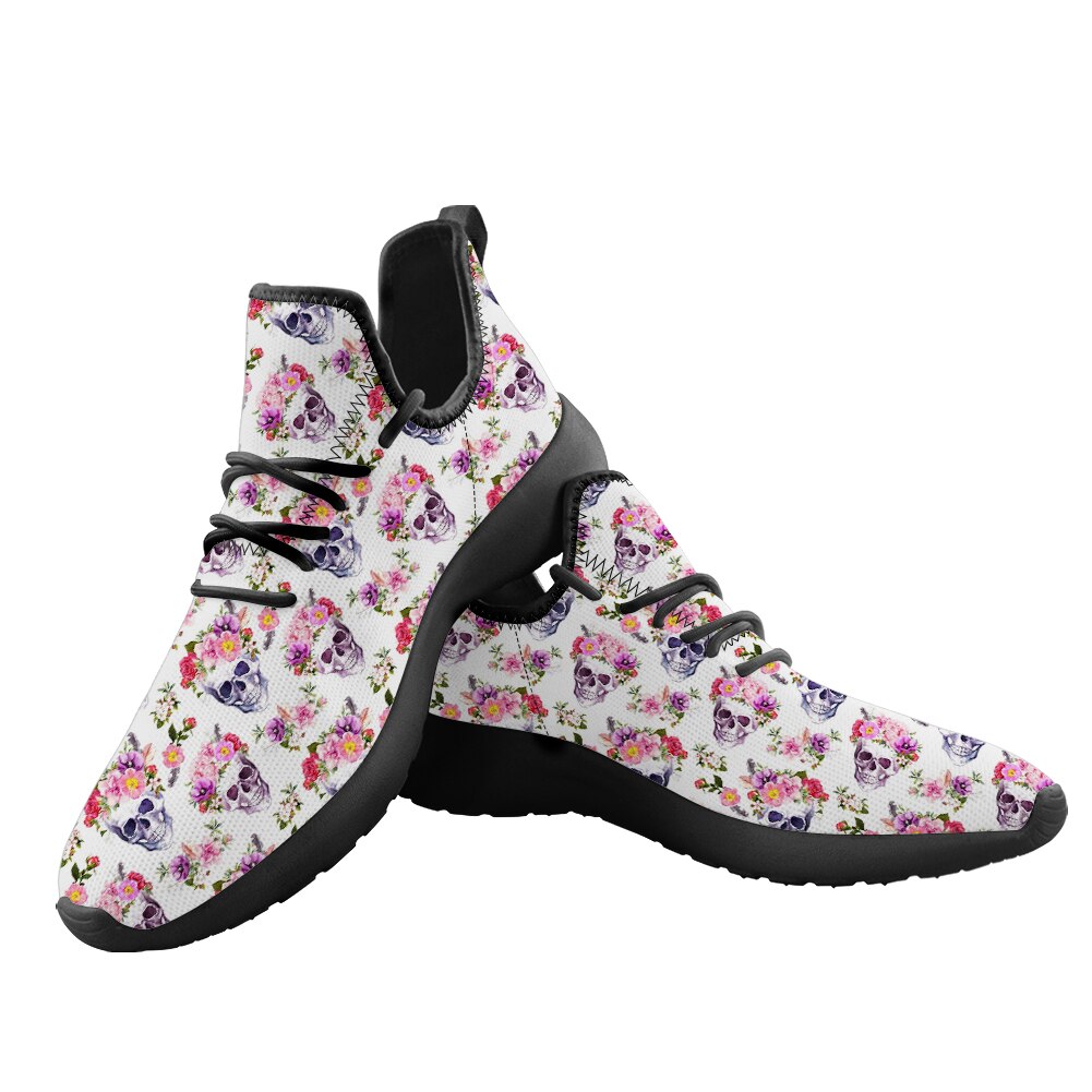 Women's Casual Running Shoes Red Flower Skull Low Top Ladies Flat Printing Custom