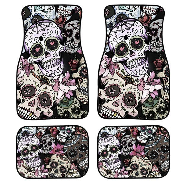4pcs/Set Day Of The Dead Skull Gothic Car Floor Washable Mats for Front and Back