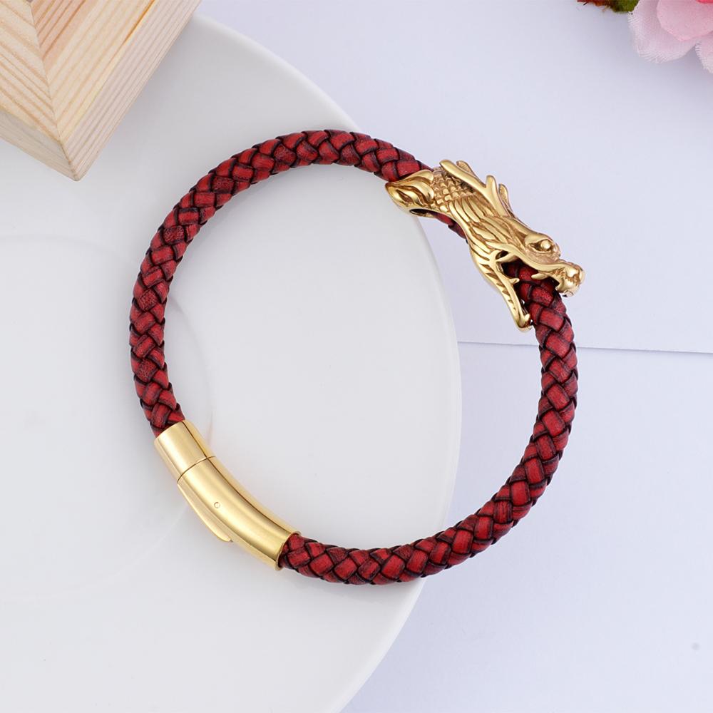 Dragon Charm Bracelets For Men 22cm Gold Stainless Steel + Red Leather Rope