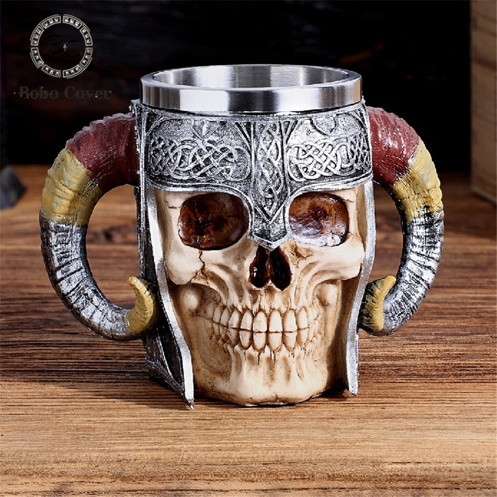 Double Stainless Steel Skull Beer Mug Vikings Pirate Tankard Water Cup