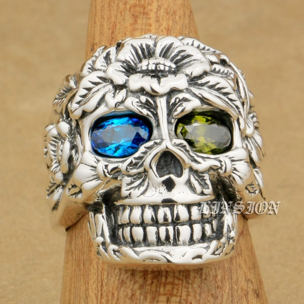 925 Sterling Silver Flower Skull CZ Eyes Mens Biker Rocker Punk Ring US Size 7~15