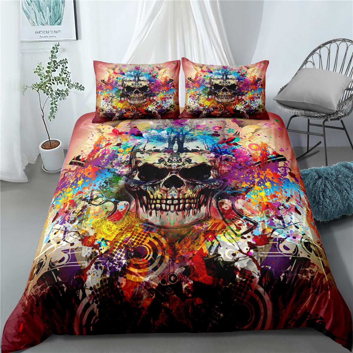 Sugar Skull Bedding Set Queen Size Flower Skull Bed Linen Double Duvet Cover