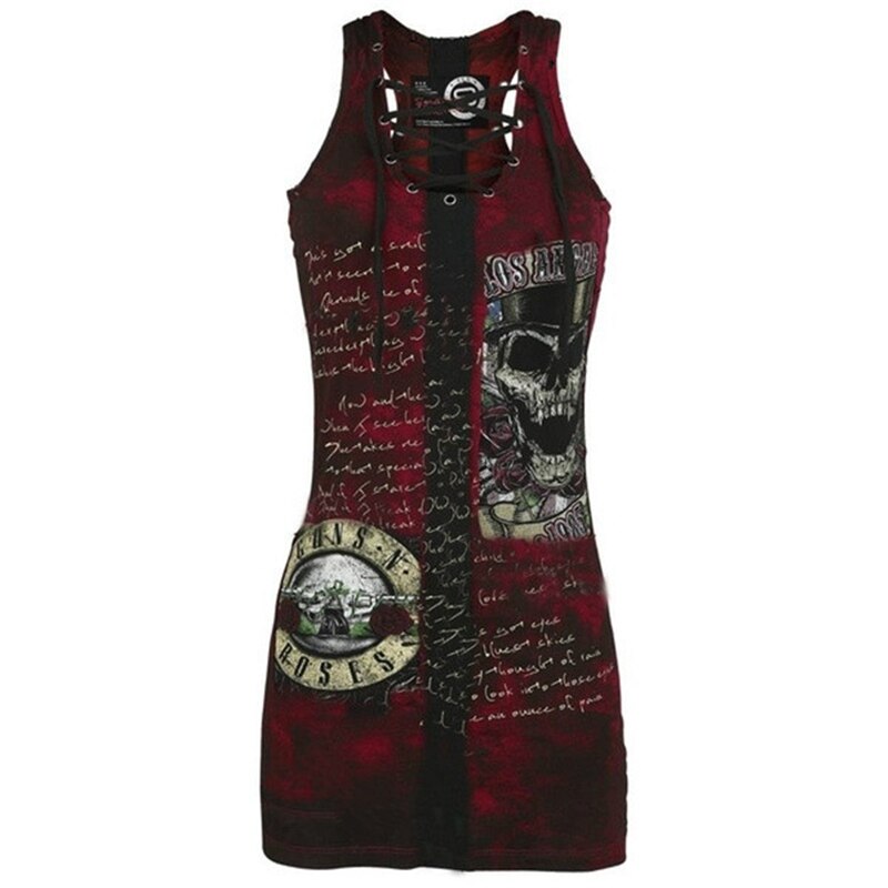 Punk Style Womens Club Gothic Skull Printing Vest Sexy Bandage Sleeveless O Neck Camisole Mini Dress Plus Size