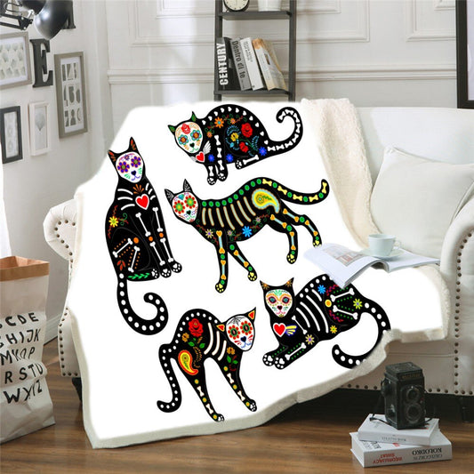 Cute Cats Throw Blanket on Sofa Bed Doodle Flowel Sherpa Fleece Blanket