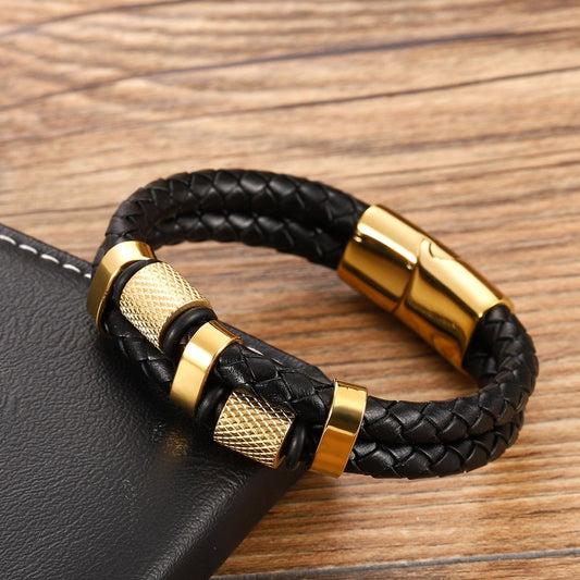 Hot Selling Men's Leather Bracelet Gold Stainless Steel