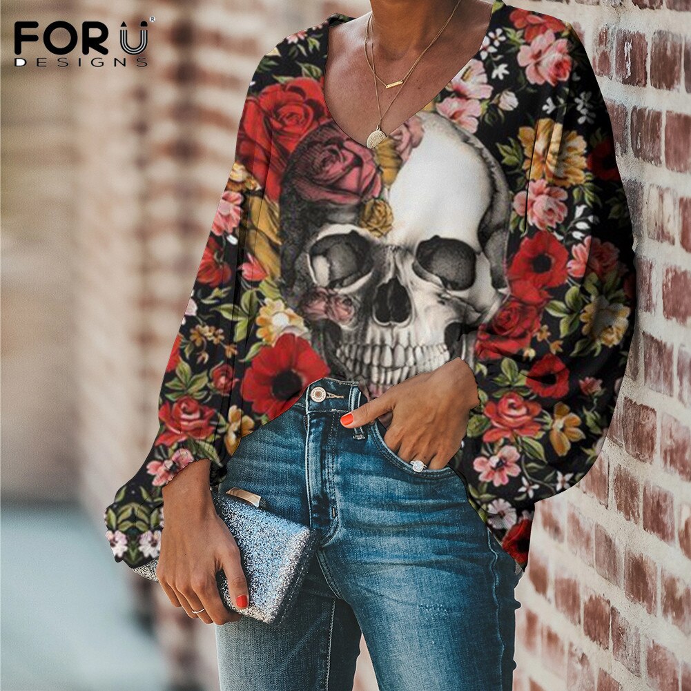 Sugar Skull With Flower Pattern Ladies Loose V Neck Casaul Balloon Sleeve