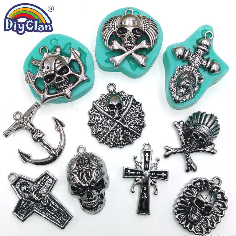 Skull Head Cross Pendant Silicone Mold For Hip Hop Punk Necklace Resin