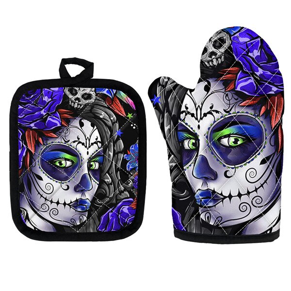 Skull Day of the Dead Gothic Style Kitchen Cooking Microwave Oven Gloves Mitts