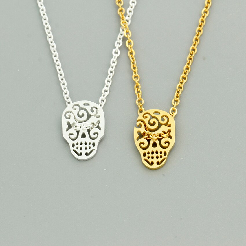 Mexican Party Gold Sugar Skull Pendant Necklace