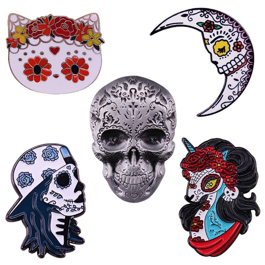 Sugar skull brooch badge enamel lapel pin Mexico Day of the dead Gothic art jewelry