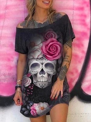 Punk Skull Floral Print Dresses for Women Summer