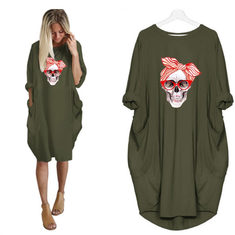 Plus Size 5XL Women's Dress Skull Print Long Sleeve O Collar Pocket