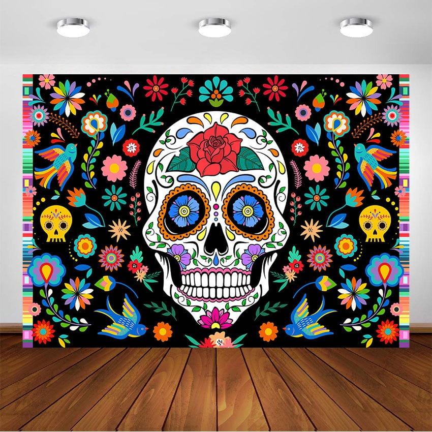 Day of The Dead Backdrop for Mexican Fiesta Sugar Skull Flowers Photography Background Dia DE Los Muertos Birthday Party Decor