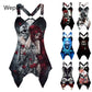 Gothic Tshirt Skull Print Tops Shirt with Narrow Straps Women Irregular V-neck Plus Size