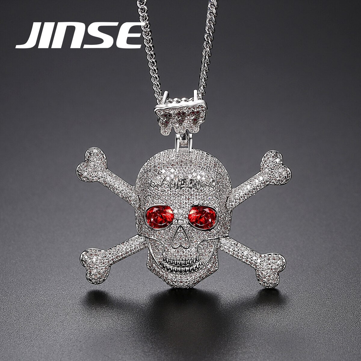 Full Rhinestone Punk Red CZ Stone Skeleton Skull Pendants Necklaces