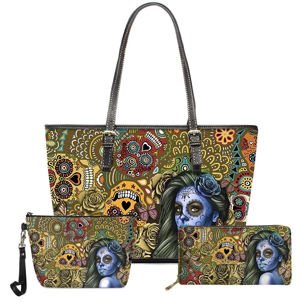 3pcs Fashion Sugar Skull Girl Pattern PU Leather Handbags Women Bag Set