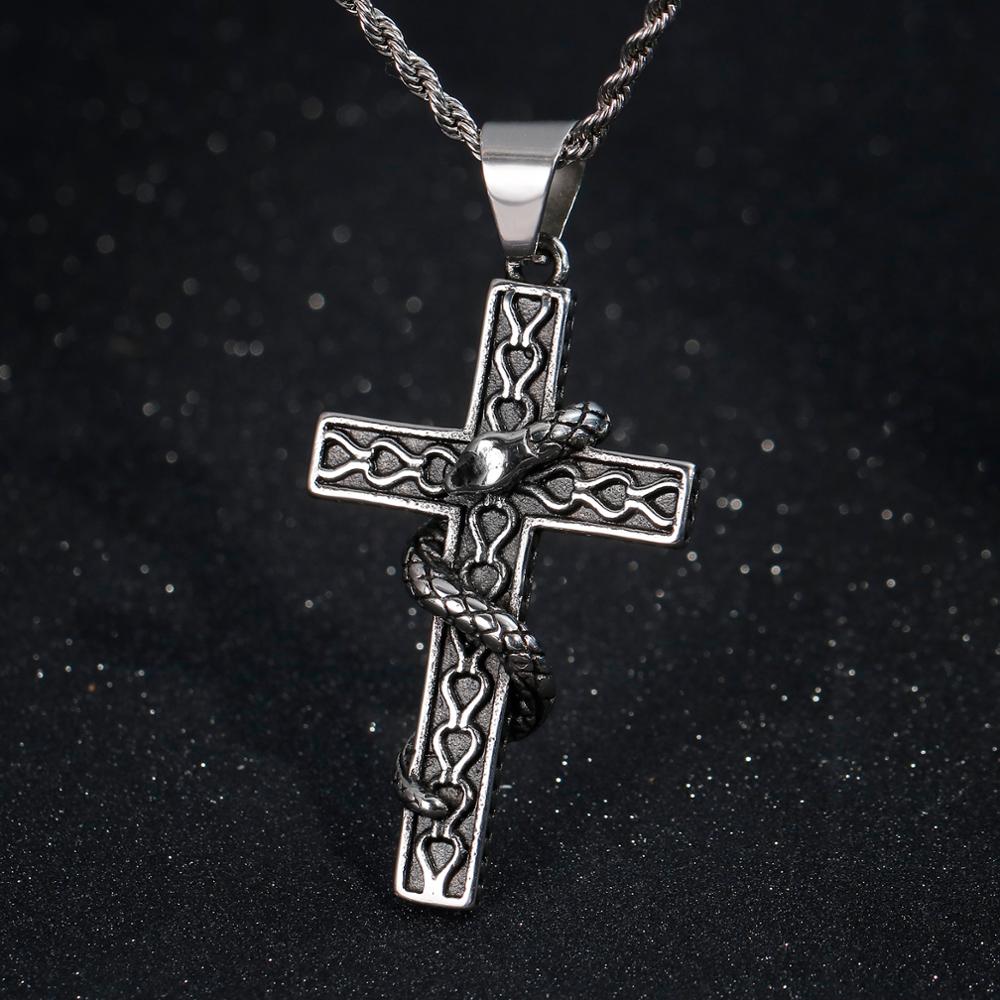 Vintage Cross Snake Pendant Gothic Men Stainless Steel