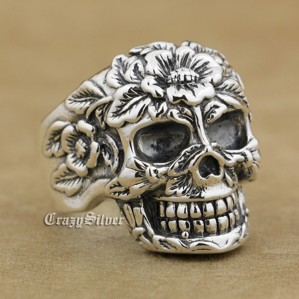 925 Sterling Silver Flower Skull CZ Eyes Mens Biker Rocker Punk Ring US Size 7~15