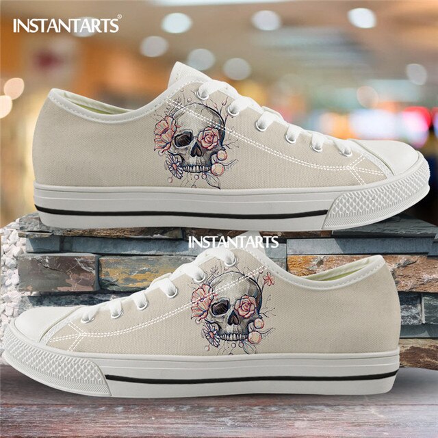 Street Skull Flower Canvas Shoes for Women Men Brand Design