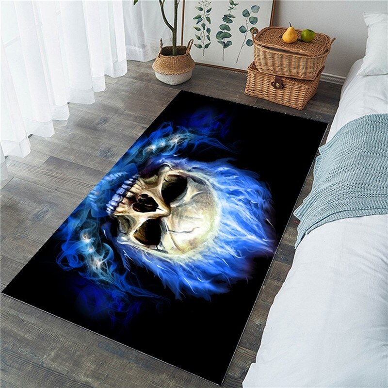 Flame Skull Gothic Rectangular Carpets blue flame Anti slip Decorative Floor Mat