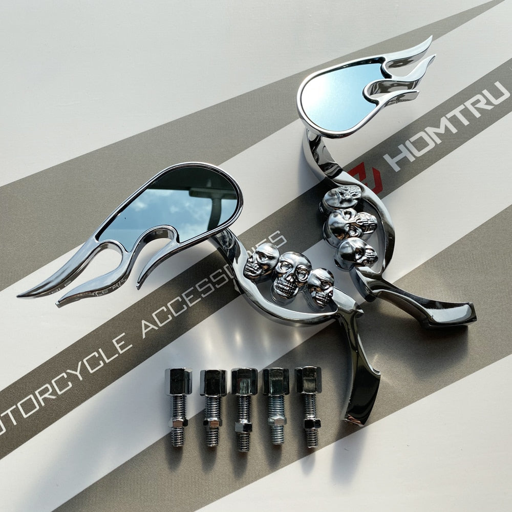 CHROME SKULL FLAME REARVIEW MIRRORS FOR HARLEY DYNA SOFTAIL SPORTSTER ROAD KING