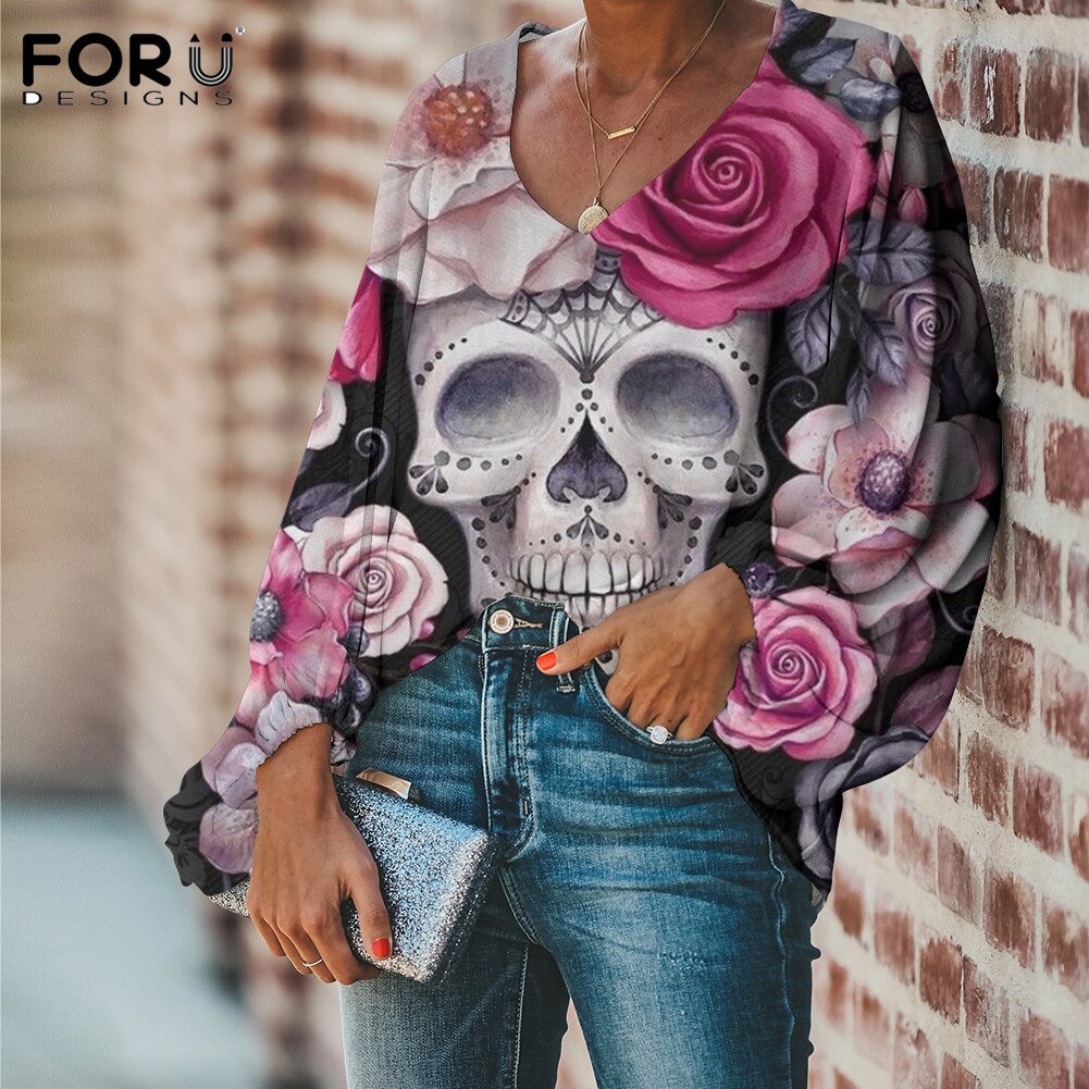 Sugar Skull With Flower Pattern Ladies Loose V Neck Casaul Balloon Sleeve