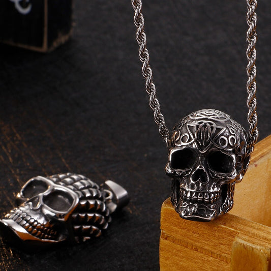 Retro Stainless Steel Mens Punk Skull Pendant Necklace