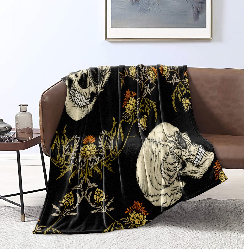 Skull Blanket Floral Skull Throw Blanket Black White Background Sherpa Flannel Blanket