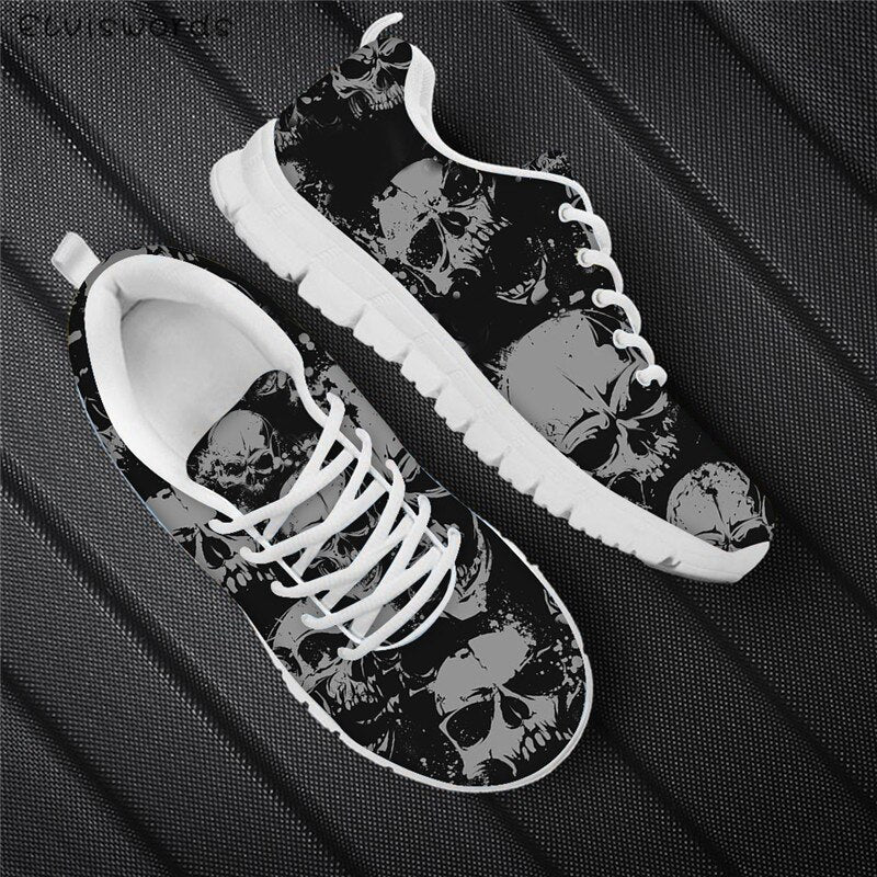 Punk Style Women Flats Skull Head 3D Print Breathable Air Mesh Sneaker Shoes